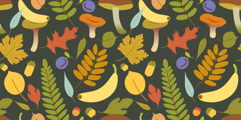 seamless pattern autumn mushrooms with leafs in vector. element for prints poster banner design decor backgrounds wallpaper packaging textile backdrops