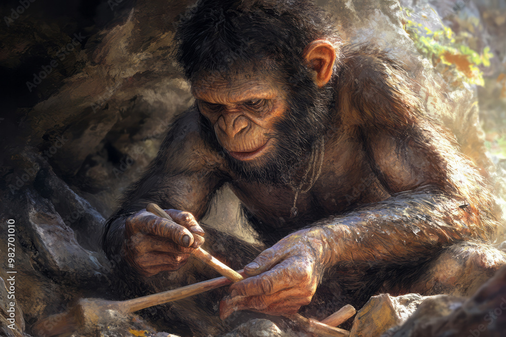 Poster an artistic rendering of homo habilis using primitive tools,