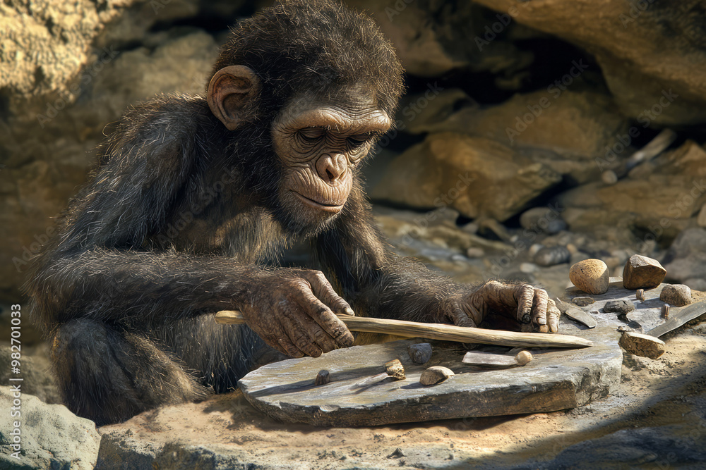 Poster An artistic rendering of Homo habilis using primitive tools,
