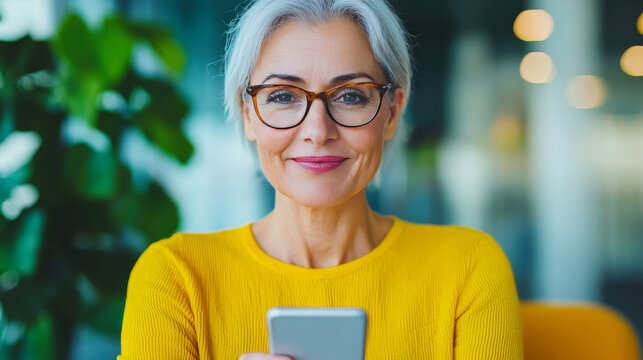Smiling woman in yellow sweater using phone