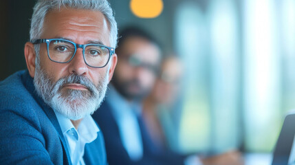 A serious-looking man with a white beard wears glasses and a blue jacket.