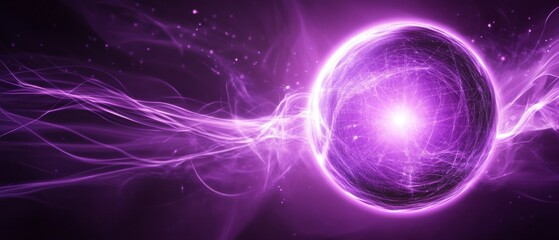 Abstract purple bright glowing background with a sphere core atom energy burning ball circle made of waves of energy rays