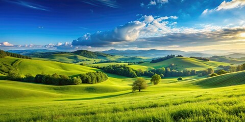 Obraz premium Idyllic meadow with rolling hills and clear blue sky, nature, landscape, serene, peaceful, tranquil, countryside, greenery
