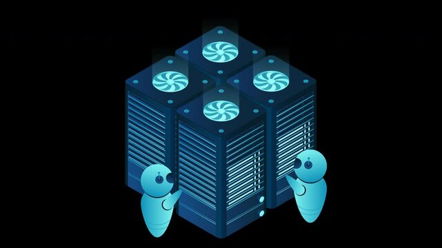 Isometric futuristic server animation. Isometric database or data center. Abstract blockchain. Computer storage. Cloud storage. Transparent background with alpha channel