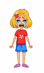 Illustration featuring a blond crying girl in a red t-shirt and shorts
