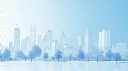 Fototapeta premium A light and airy background featuring urban skyline outlined in glowing white against a soft sky-blue backdrop. Use for presentation, slide show, slide for brochure, marketing, leaflet, advertising, 