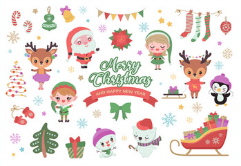 Fototapeta premium Cute Christmas clipart. Flat design Xmas vector cartoon graphics. Winter characters Santa clause, reindeers, elves, snowman. Polar bear and penguin. Christmas tree, sleigh, gift boxes, stockings.