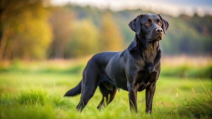 Black labrador retriever with shiny coat standing in grassy field, dog, pet, animal, outdoor, nature, retriever, black