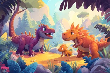 A Family of Dinosaurs Enjoying a Sunny Day in the Forest