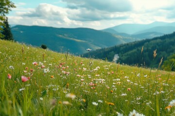 Green meadow with field flowers. Nature landscape with high attitude grass. Beautiful scenery in the Carpathian Mountains , ai