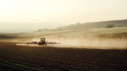 Fototapeta premium Agricultural equipment spraying water on a farm or agricultural land, possibly for irrigation purposes