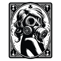 gasmask female inside tarot card in black and white illustrations, cutout graphic