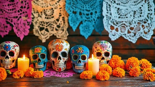 Colorful sugar skulls adorned with flowers and candles on a wooden table for a festive celebration in autumn