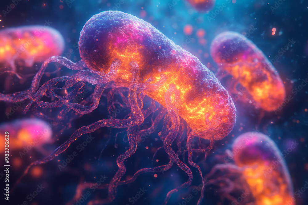 Poster a stylized rendering of a colony of bacteria moving under a microscope,