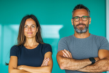 A man and woman stand with arms crossed in front of a turquoise wall.