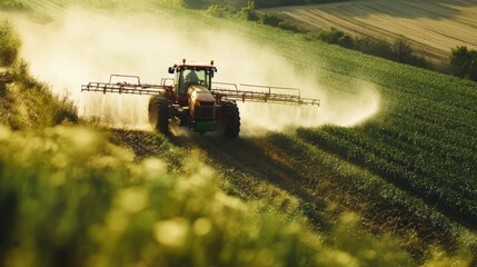 Fototapeta premium Agricultural equipment spraying water on a farm or agricultural land, possibly for irrigation purposes