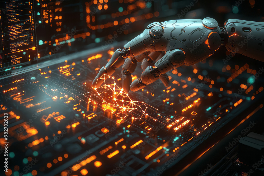Poster a close-up of a robotâ€™s hand manipulating a digital 3d model of a molecule,