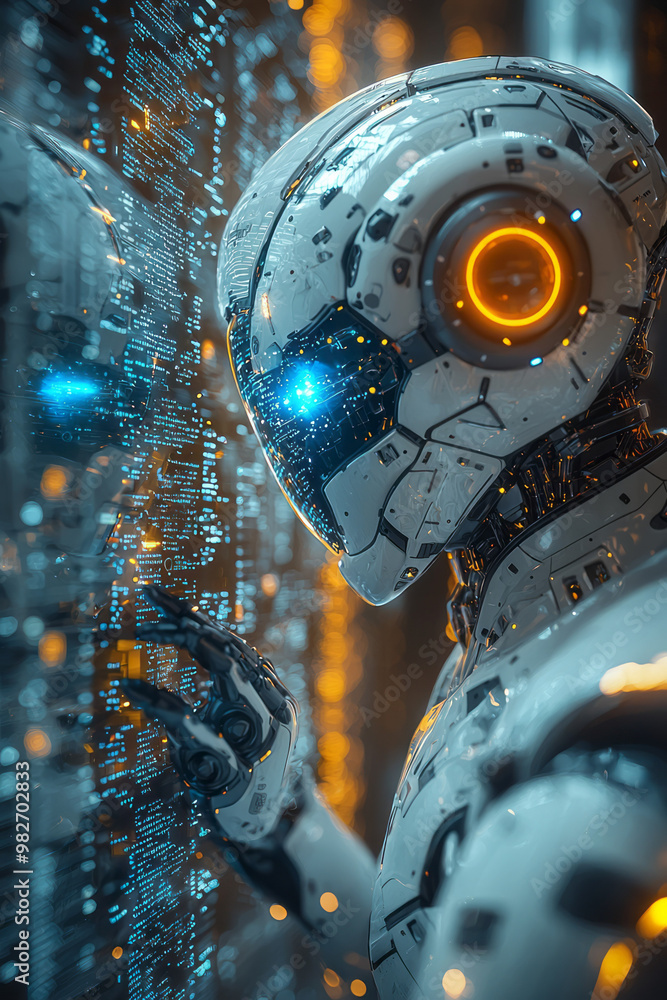 Poster a robot with glowing blue eyes interacting with a transparent digital panel, manipulating data strea
