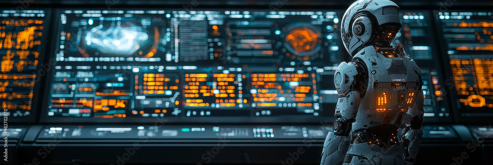 Poster a sleek, advanced robot standing in front of multiple holographic screens filled with scientific dat