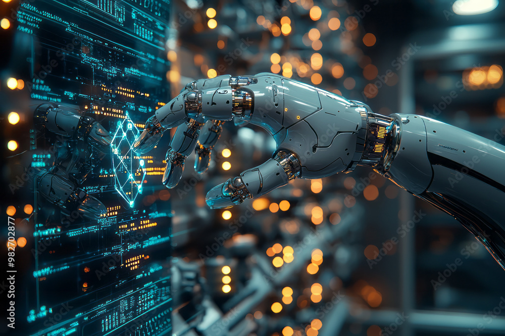 Poster a close-up of a robotâ€™s hand manipulating a digital 3d model of a molecule,