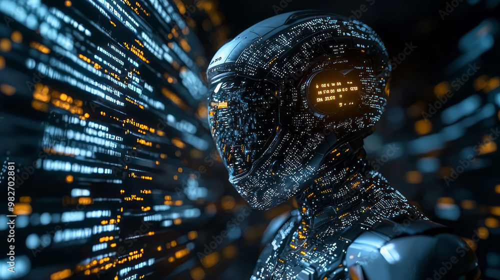 Poster a futuristic robot processing data through a floating digital interface, with numbers and data point