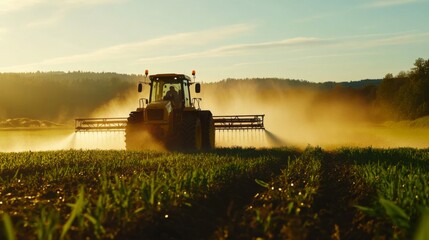 Fototapeta premium Agricultural equipment spraying water on a farm or agricultural land, possibly for irrigation purposes