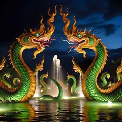 Fototapeta premium Green and golden serpents are playing in the water at night.