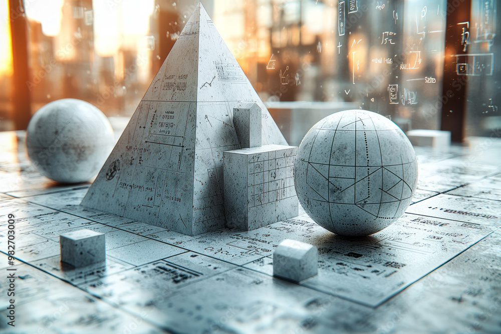 Poster a 3d visualization of a cube, pyramid, and sphere, with mathematical formulas and equations surround