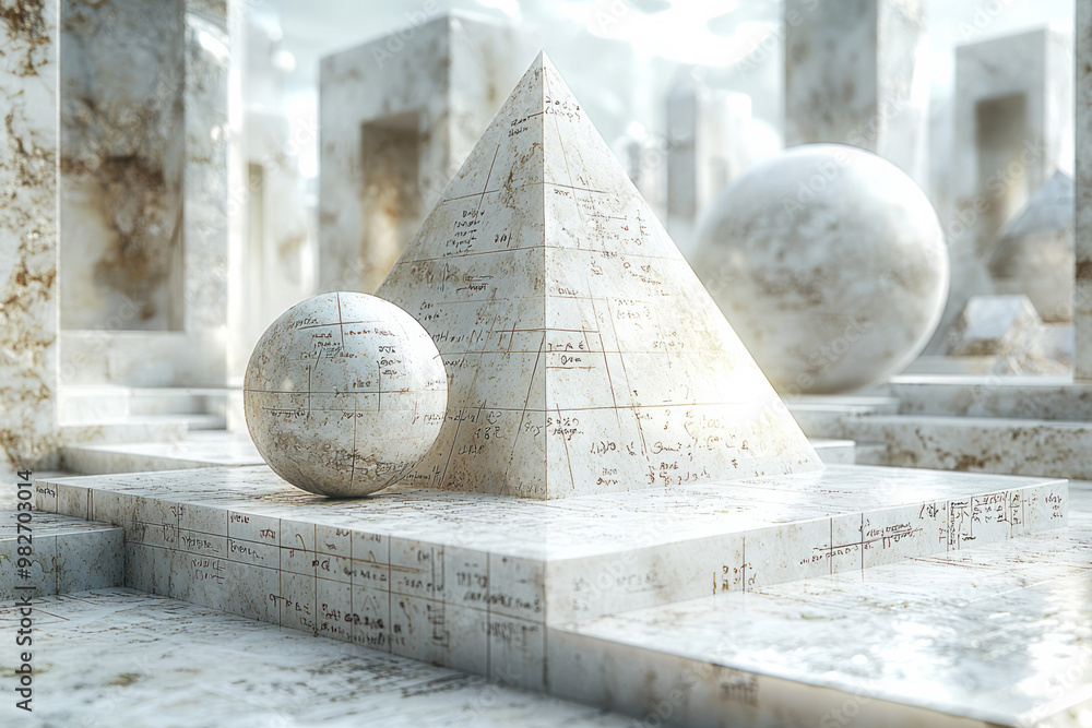 Poster a 3d visualization of a cube, pyramid, and sphere, with mathematical formulas and equations surround