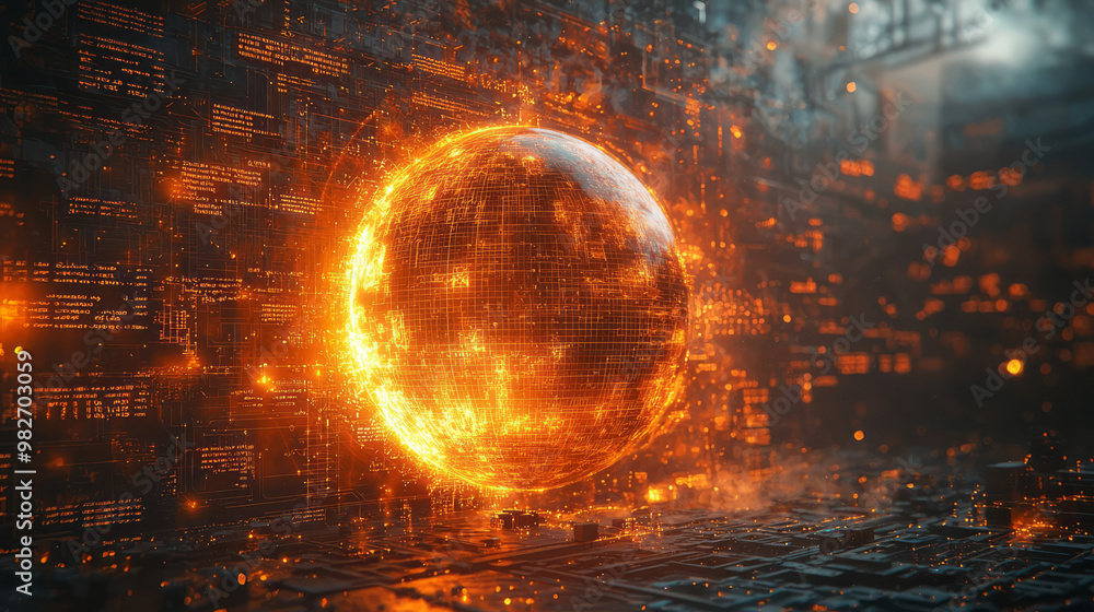 Poster a glowing digital sphere surrounded by mathematical equations, illustrating concepts of calculus and