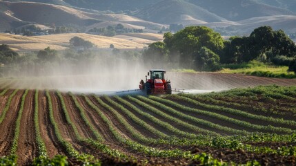 Fototapeta premium Agricultural equipment spraying water on a farm or agricultural land, possibly for irrigation purposes