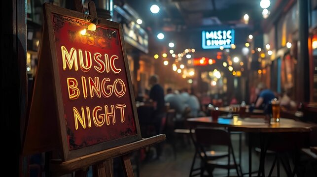 Sign that reads &ldquo;MUSIC BINGO NIGHT&rdquo; in a bar - club - theme night 
