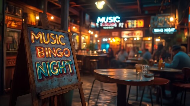Sign that reads &ldquo;MUSIC BINGO NIGHT&rdquo; in a bar - club - theme night 