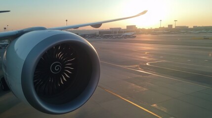 Airplane engine with clear day and airport activity, Clear Day, Sunny Flights