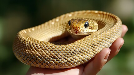 Obraz premium A golden snake is coiled in a hand, showcasing its smooth texture and vibrant colors against a blurred natural background.