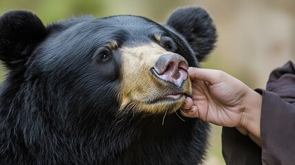 A close-up shot of a bear being gently petted by a person, highlighting the bond between humans and wildlife.