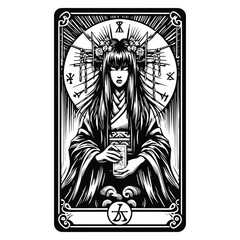 ghost lady with tarot card in black and white illustrations, cutout graphic