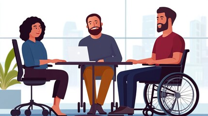 A diverse team, including a member in a wheelchair, collaborates in an accessible workplace setting