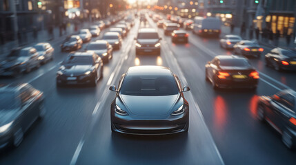 Fototapeta premium A bustling city street at sunset, showcasing a sleek car amidst heavy traffic, highlighting urban mobility and modern transportation.