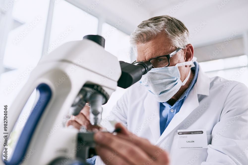Poster mask, microscope and science with person in laboratory at desk for breakthrough, innovation or resea