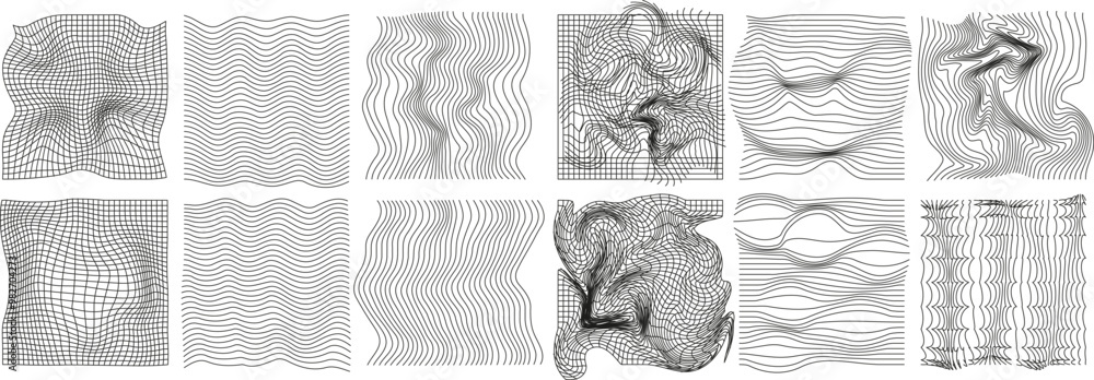Aufkleber Set of geometry wireframe grid on transparent background. 3D abstract posters, patterns, cyberpunk elements in trendy rave style Y2k. Vector EPS 10