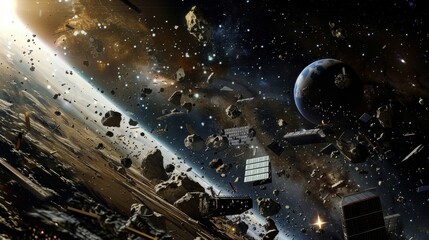 Cosmic Collision Spacecraft Navigating Perilous Asteroid Field in Deep Space Backdrop