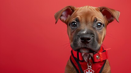 Obraz premium Minimalist background: Firefighter-inspired illustration of a pup in a camping setting, celebrating outdoor journeys and adventures.