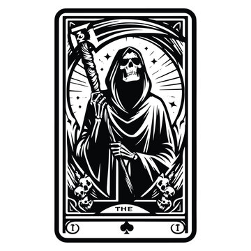 grim reaper with tarot card in black and white illustrations, cutout graphic