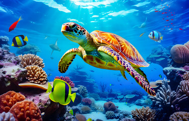 underwater coral reef landscape in the deep blue ocean with colorful fish and marine life background wallpaper
