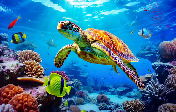 underwater coral reef landscape in the deep blue ocean with colorful fish and marine life background wallpaper
