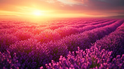 Fototapeta premium Aerial panorama of lavender fields, warm golden hour lighting casting long shadows, vibrant purple flowers creating patterns, soft hazy horizon, photorealistic landscape