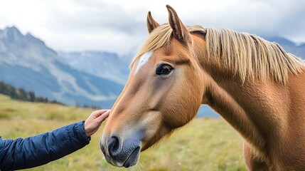 Obraz premium A chestnut horse interacts with a person in a serene mountain landscape, showcasing a bond between human and animal.
