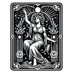 Hera goddess inside tarot card in black and white illustrations, cutout graphic