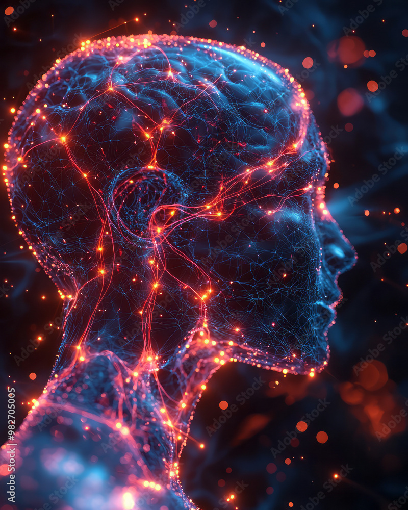 Poster a futuristic rendering of the human brain connected to a digital neural network, with bright neural 